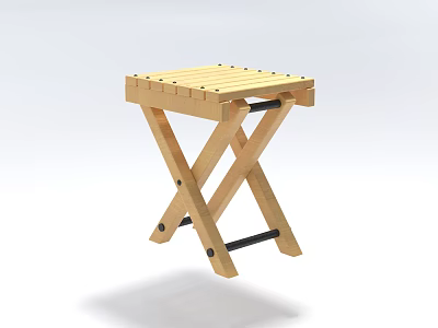 Wooden Folding Stool with Cross Leg Design and Slatted Seat Structure 3d model