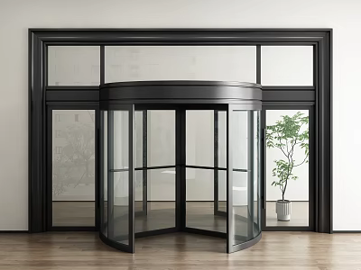 Modern Black Frame Glass Revolving Door In Indoor Space With Potted Plant And Wooden Floor 3d model