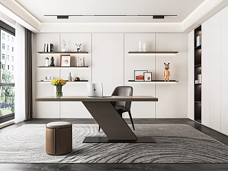 Modern Study Desk and Chair Writing Desk Bookcase Desk Leisure Chair Chandelier Decorative Cabinet 3d model