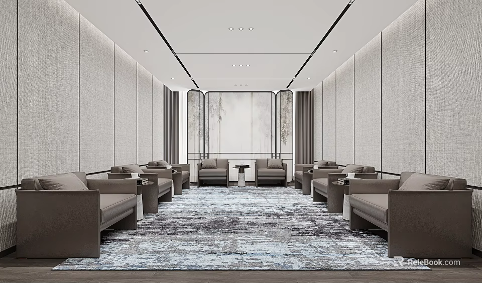Modern Hotel Public Lounge Area With Comfortable Sofas Large Area Rug And Elegant Wall Design 3d model 
