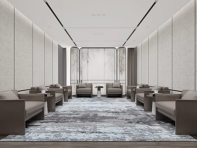 Modern Hotel Public Lounge Area With Comfortable Sofas Large Area Rug And Elegant Wall Design 3d model