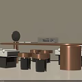 Modern Brown Round Desk With White Benches Black Stools And Decorative Mirror
