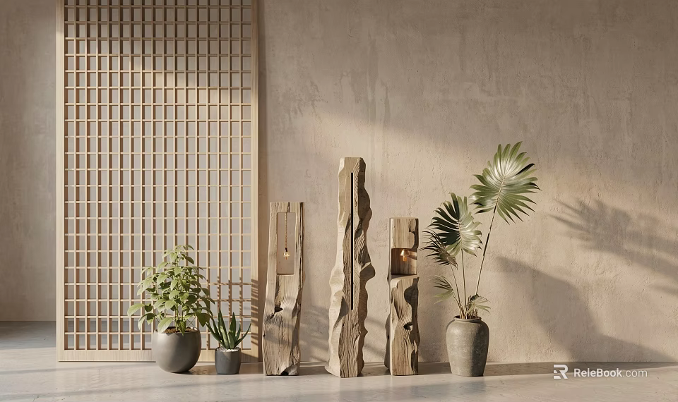 Modern Minimalist Floor Lamps With Wooden Lattice Screen And Green Plants 3d model 