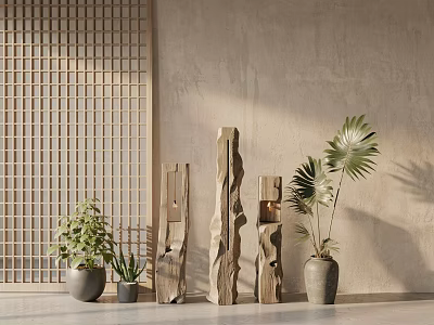 Modern Minimalist Floor Lamps With Wooden Lattice Screen And Green Plants 3d model