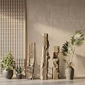 Modern Minimalist Floor Lamps With Wooden Lattice Screen And Green Plants