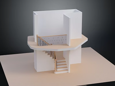 Architectural Model Interior Staircase With Wooden Steps Upper Platform And White Walls 3d model