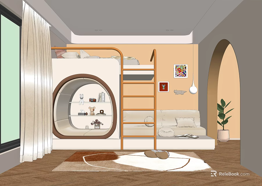 Kids Room Interior With Bunk Bed Ladder Round Storage Nook Sofa Rug And Decorative Poster 3d model 