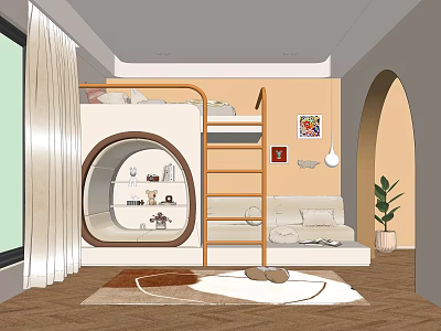 Kids Room Interior With Bunk Bed Ladder Round Storage Nook Sofa Rug And Decorative Poster 3d model