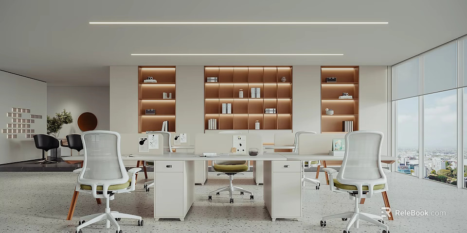 Modern Public Office Space With White Desks Ergonomic Chairs Wooden Bookshelves And Lighting Strips 3d model 