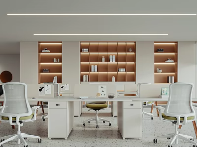 Modern Public Office Space With White Desks Ergonomic Chairs Wooden Bookshelves And Lighting Strips 3d model