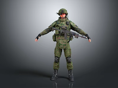 3D Model Military Soldier In Camouflage Uniform With Assault Rifle Full Gear Standing Pose 3d model