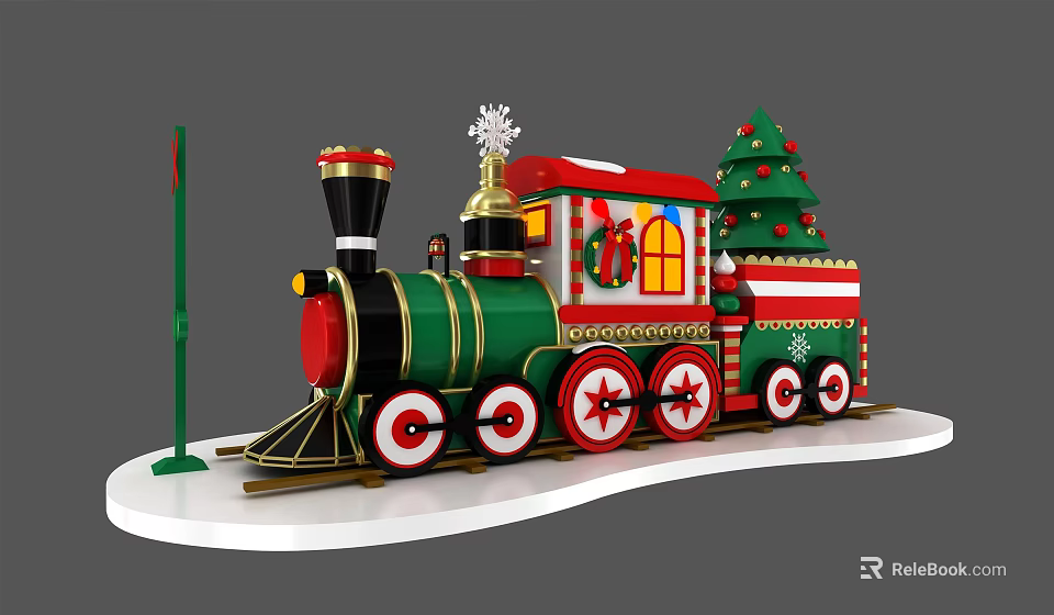 Festive Christmas Toy Train With Green Red Decorations And Christmas Tree 3d model