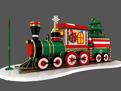 Festive Christmas Toy Train With Green Red Decorations And Christmas Tree 3d model