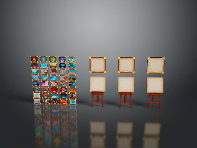 Colorful Block Structure And Golden Framed Displays With Red Stands And Reflections 3d model
