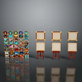 Colorful Block Structure And Golden Framed Displays With Red Stands And Reflections