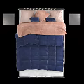 Modern Double Bed with Metal Frame Blue Comforter Pink and Blue Pillows and Sleek Nightstands