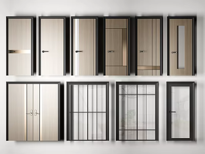 Modern Swing Doors with Wooden Panels Glass Inserts and Black Frames Design 3d model