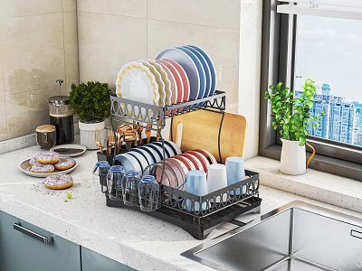 Multi Tier Bathroom Cabinet Rack With Plates Cups Cutting Board And Green Plant On Countertop 3d model
