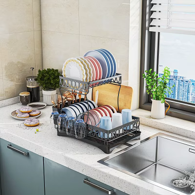 Multi Tier Bathroom Cabinet Rack With Plates Cups Cutting Board And Green Plant On Countertop 3d model