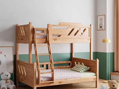 Wooden Bunk Bed With Ladder In Kids Room White Green Walls And Mattress 3d model