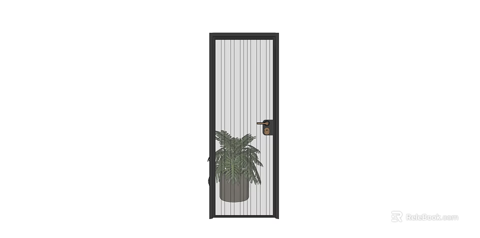 Modern Black Frame Swing Door With Vertical Striped Glass And Potted Plant 3d model 