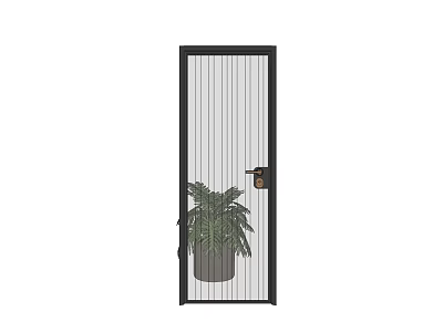 Modern Black Frame Swing Door With Vertical Striped Glass And Potted Plant 3d model