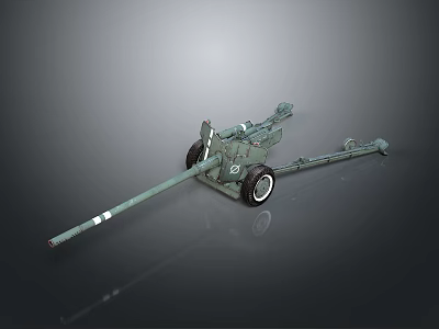 Vintage Green Military Cannon with Long Barrel Towed Carriage and Wheels Design 3d model