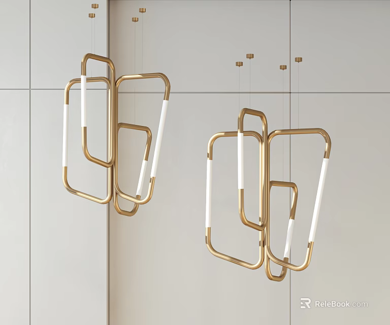 Modern Geometric Pendant Lights With Gold Frame And White Light Tubes In Interior 3d model 