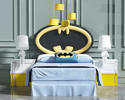 Kids Bed With Batman Pillow Round Headboard Blue Sheets Yellow Nightstands And White Lamps 3d model