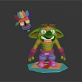 Cute Cartoon Character With Orange Body Blue Shorts And Colorful Feather Mask On Platform