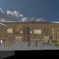 Traditional Garden Courtyard Design With Tile Roof Wooden Door Stone Furniture Bamboo Decor Pebble Ground