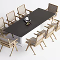 Modern Minimalist Dining Table Set With Black Rectangular Top And Eight Wooden Woven Backrest Chairs 3d model