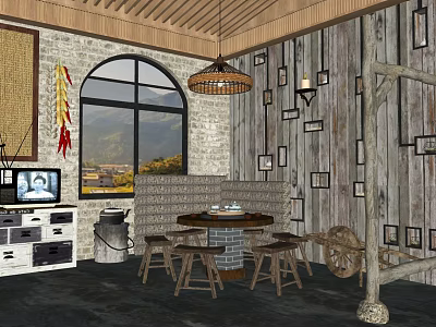 Hotel Public Lounge Area With Wooden Ceiling Arched Window Mountain View And Framed Decorations 3d model