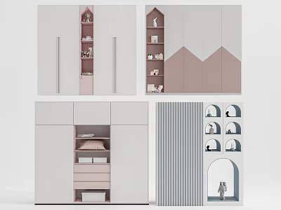 Modern Wardrobe Design With Pink And White Panels Layered Shelves And Drawers 3d model