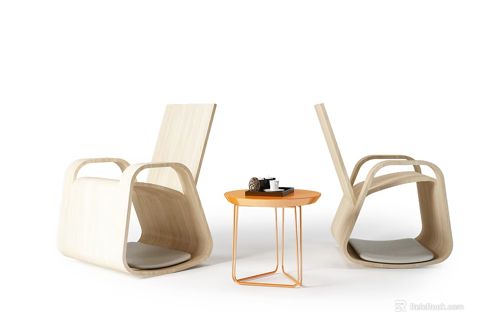 Modern Light Wood Chair and Round Table Set with Golden Metal Frame and Small Decor 3d model 