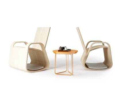 Modern Light Wood Chair and Round Table Set with Golden Metal Frame and Small Decor 3d model