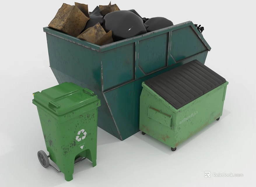 Large Green Trash Bin Filled With Waste And Small Bins With Lid And Wheels 3d model 