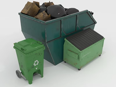 Large Green Trash Bin Filled With Waste And Small Bins With Lid And Wheels 3d model