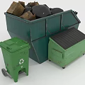 Large Green Trash Bin Filled With Waste And Small Bins With Lid And Wheels