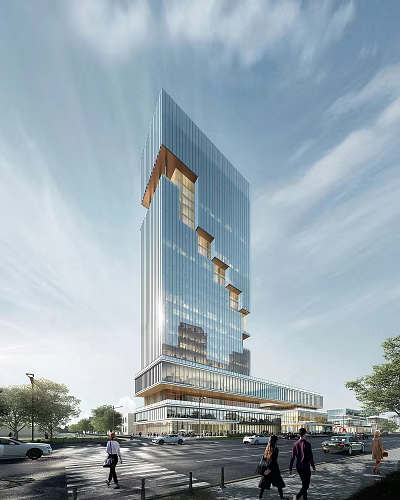 Modern High Rise Office Building With Glass Curtain Wall And Unique Terraced Design 3d model