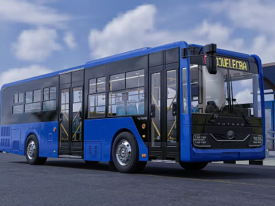 Blue Modern City Bus With Large Windows At Xavierra Bus Stop 3d model
