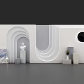 Modern Interior Design With Green Wall Arched Doorway Marble Accents Geometric Shapes And Potted Plant