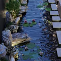 Tranquil Courtyard Garden Landscape With Water Pond Stone Path Greenery And Lighting