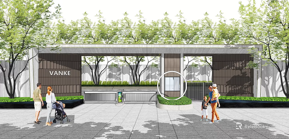 Modern Vanke Community Entrance Gate With Overhead Green Trees Glass Elements And Pedestrian Area 3d model 