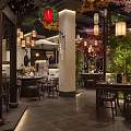 Traditional Chinese Restaurant Interior With Cherry Blossom Trees Lanterns And Water Features
