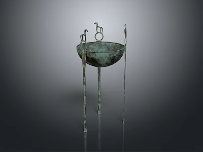 Ancient Bronze Sculpture Carved Vessel With Three Legs And Bird Shaped Decorations 3d model