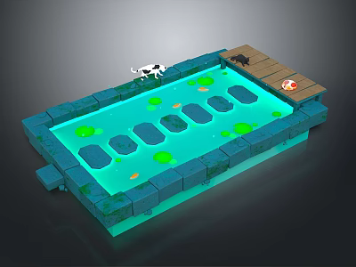 Natural Pond Scene With Blue Water Lily Pads Stone Stepping Stones And Wooden Platform 3d model