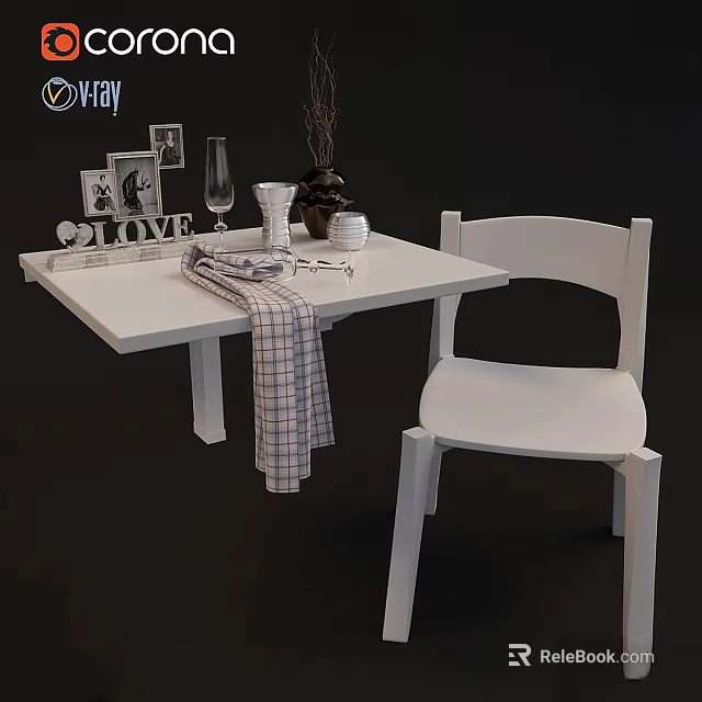 White Table and Chair Set with LOVE Decor Photos Wine Glass Vase and Checkered Cloth 3d model 