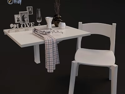 White Table and Chair Set with LOVE Decor Photos Wine Glass Vase and Checkered Cloth 3d model