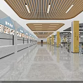 Spacious Cafeteria Interior With Food Stalls Yellow Pillars Wooden Ceiling And Tables Chairs